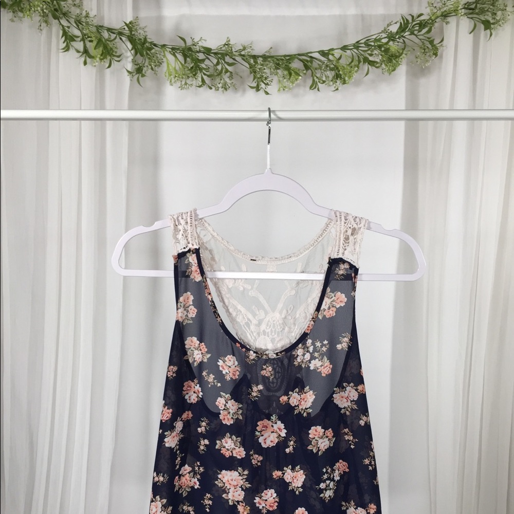 Navy Floral and Crochet Tank
